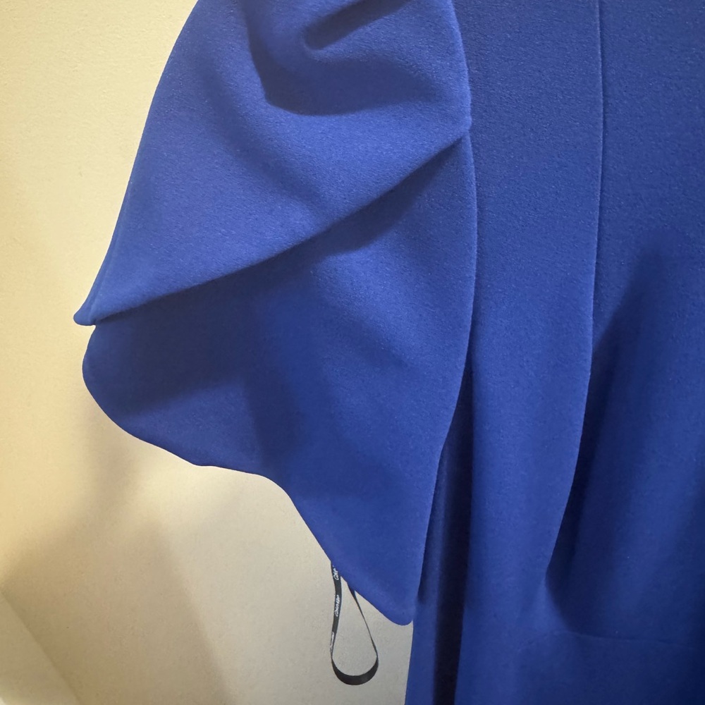 Calvin Klein Blue Asymmetrical Sheath Dress with Ruffled Flutter Cap Sleeves